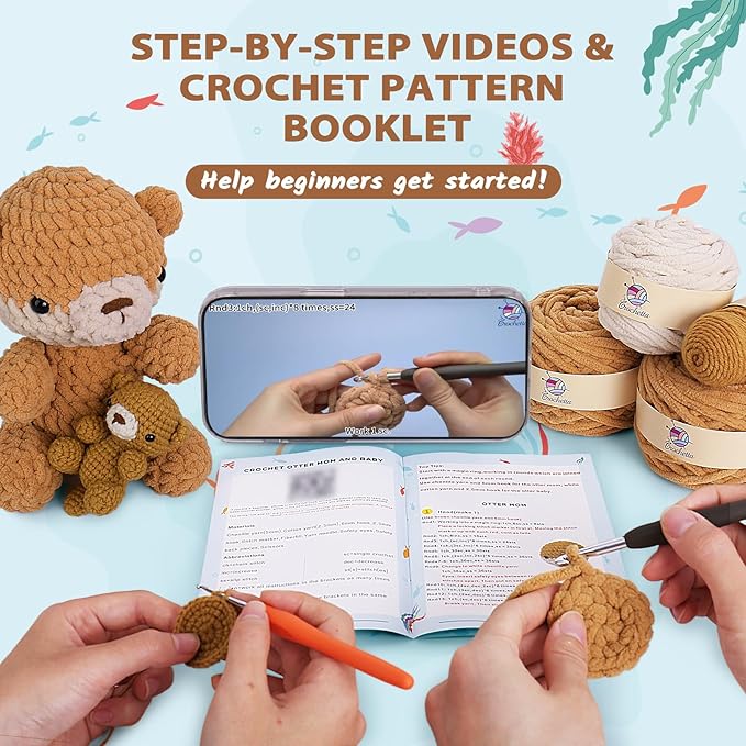 Crochetta Crochet Kit for Beginners, Crochet Starter Kit w Step-by-Step Video Tutorials, Beginner Crochet Kit for Adults Women Men Complete Kit Included (Otter Mom and Baby)
