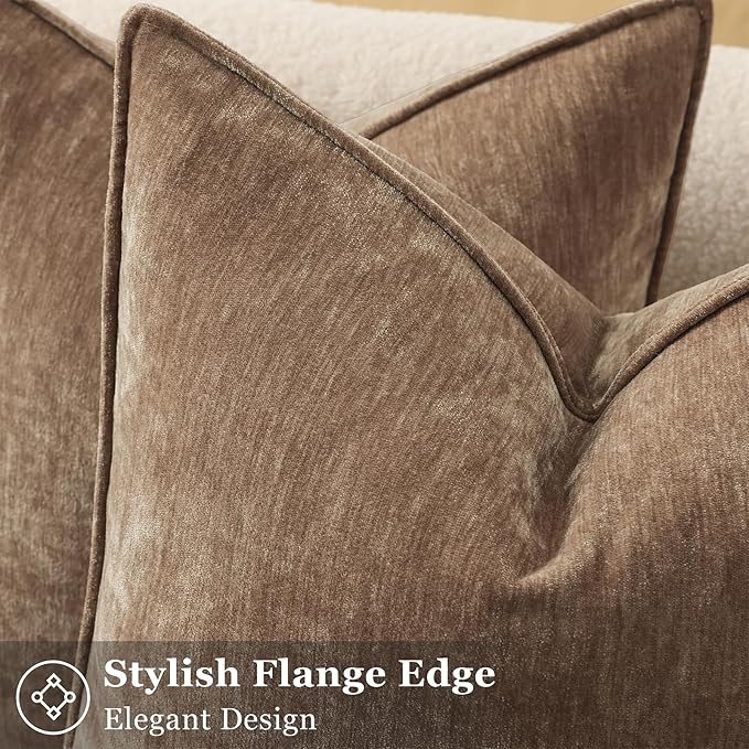 decorUhome Spring Couch Throw Pillow Covers 16x16 Set of 2, Decorative Soft Velvet Neutral Chenille Pillow Covers with Elegant Design for Sofa Bed Living Room Home Decor, Brown