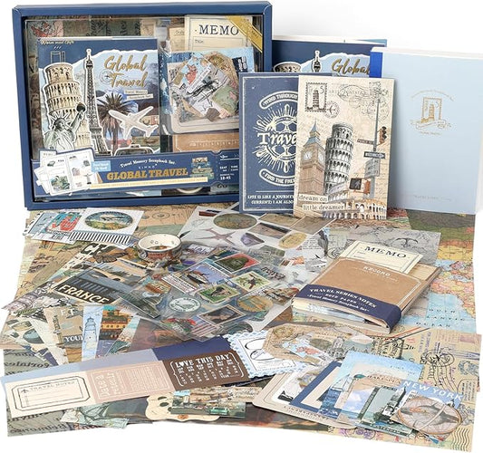 Auguro World Travel Scrapbook Kit A6 Grid Notebook Stationery Junk Journal Kit Scrapbooking Supplies Kit Craft DIY Gift for Adult Teen Girl