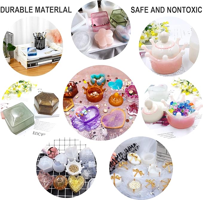 EuTengHao Resin Molds 43Pcs Silicone Molds for Resin, Epoxy Crown Shape Mold Heart Shape Mold with Mica Powder for Storage Box Jewelry Trinket Container DIY Resin Casting Crafts