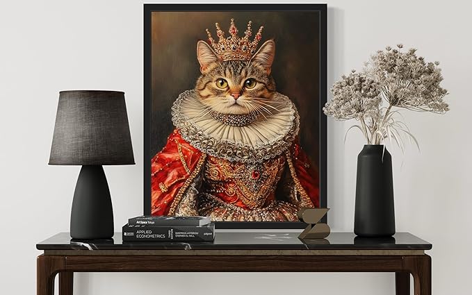 Queen Cat Portrait Art Poster Print, Cat Kitten Painting Humor Portrait Pet Artwork Decor Gallery A8 (Queen Cat, 8 x 10 inches, Unframed)