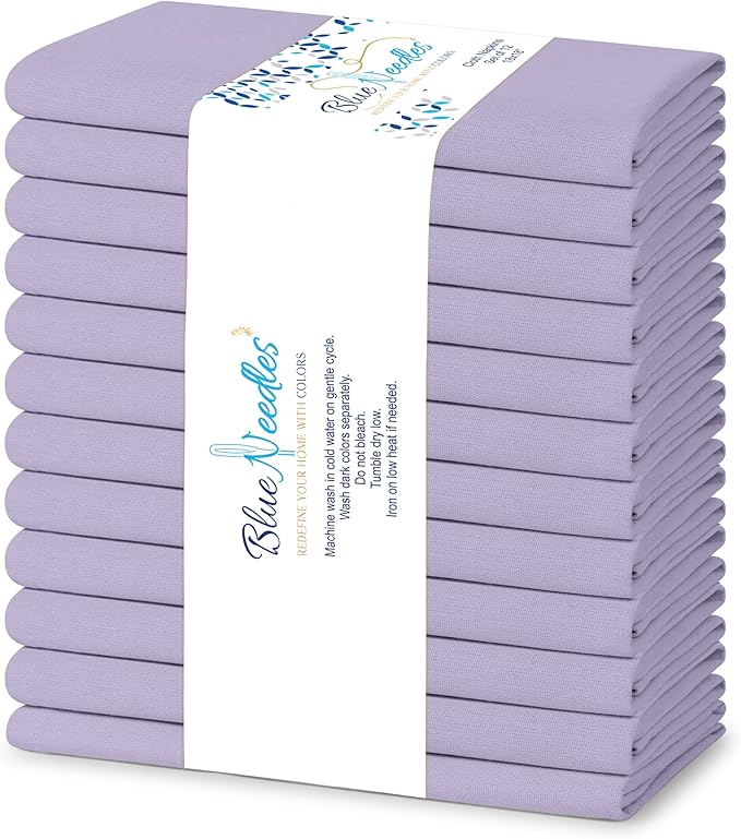 Blue Needles Solid Cloth Napkins Set of 12 Lavender 100% Cotton Dinner Napkins 18x18 inches - Soft, Reusable, Absorbent & Washable Linen, Ideal for Christmas Events, Parties & Everyday Use