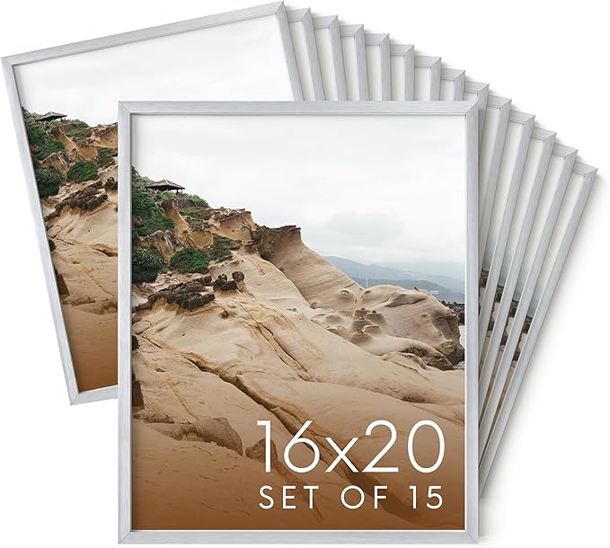 HAUS AND HUES 16x20 Silver Metal Picture Frames - Features Premium Aluminum, Vertical & Horizontal Hang, Shatterproof Plexiglass - Ideal for Home, Room, Office (16x20 in, Silver, Set of 15)