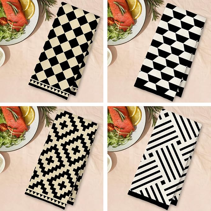 Beige Black and White Abstract Kitchen Towels, Neutral Dish Tea Towels for Kitchen Decor, Black and Cream Retro Mid Century Modern Decorative Hand Towel for Bathroom, 16x24 Inches Set of 4