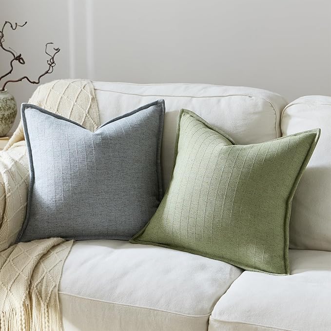 18x18 Linen Pillow Covers Sage Green Pack of 2 Farmhouse Boho Neutral Accents Striped Textured Square Decorative Throw Pillow Cases for Living Room Couch Bed Home Decor