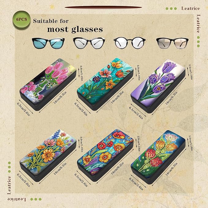 Leatrice 6pcs 5d Diamond Art Kits for Adults Small Diamond Painting Kit Eyeglass Case Hard Shell Gem Art Paint by Diamonds Dots DIY for Beginner Women
