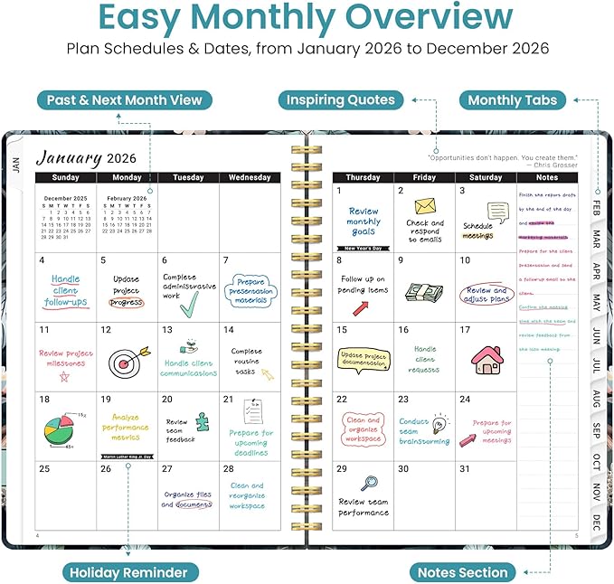 2026 Planner, Weekly and Monthly Planner for Women, January 2026 to December 2026, Pretty Hardcover 2026 Calendar Planner Book with Tabs, Inner Pocket, Spiral Bound, Perfect Office Home School Supplies - 8.5" x 11", Twilight Serenade