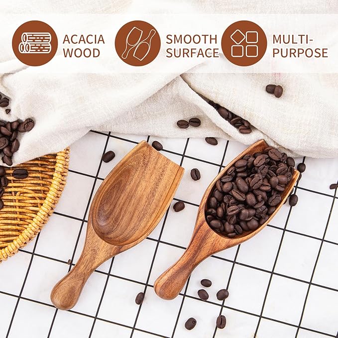 Wooden Coffee Scoop, 4 Pcs Coffee Spoons for Ground Coffee, Tea, Sugar, Wooden Scoops for Jars Small Scoops for Canisters, Bath Salts, Laundry Detergent (Acacia Wood)