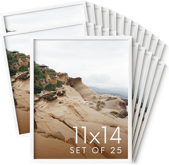 HAUS AND HUES 11x14 White Aluminum Frame Set of 25 - Vertical & Horizontal Hanging, Shatterproof Plexiglass (11x14 in, White)