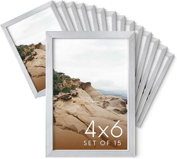 HAUS AND HUES 4x6 Silver Metal Picture Frames - Bulk Frames 4X6 - Features Premium Aluminum, Vertical Hanging, Easel Back for Tabletop, Home, Office (4x6 in, Silver, Set of 15)