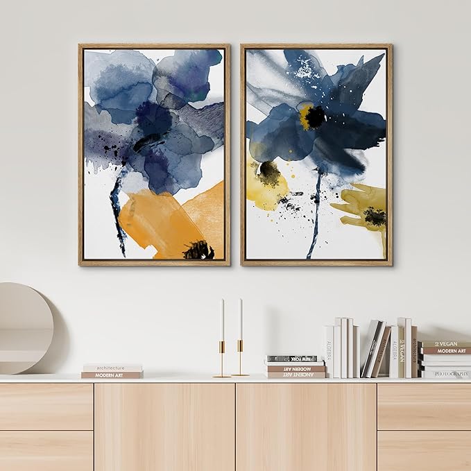 SIGNWIN Framed Wall Art Print Set Watercolor Splash Blue & Yellow Daisies Floral Botanical Illustrations Modern Art Chic Colorful Relax for Living Room, Bedroom, Office - 16"x24"x2 Natural