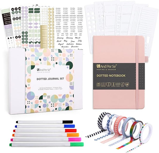 &And Per Se Bullet Dotted Journal Kit, A5 Hardcover Dotted Journaling Set (Pink), 6 Fineliner Pens, 8 Sticker & 5 Stencil Sheets, 6 Washi Tapes with Giftable Box