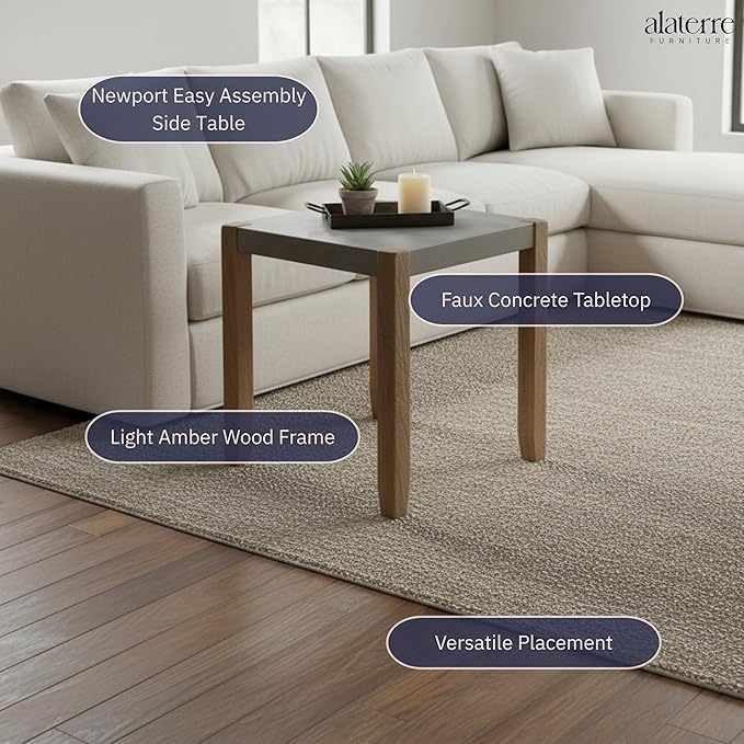 Newport Modern Rustic Industrial End Table – 21” Square Faux Concrete Top with Light Amber Wood Frame – Durable & Easy Assembly Side Table for Living Room, Bedroom, or Lounge by Alaterre Furniture