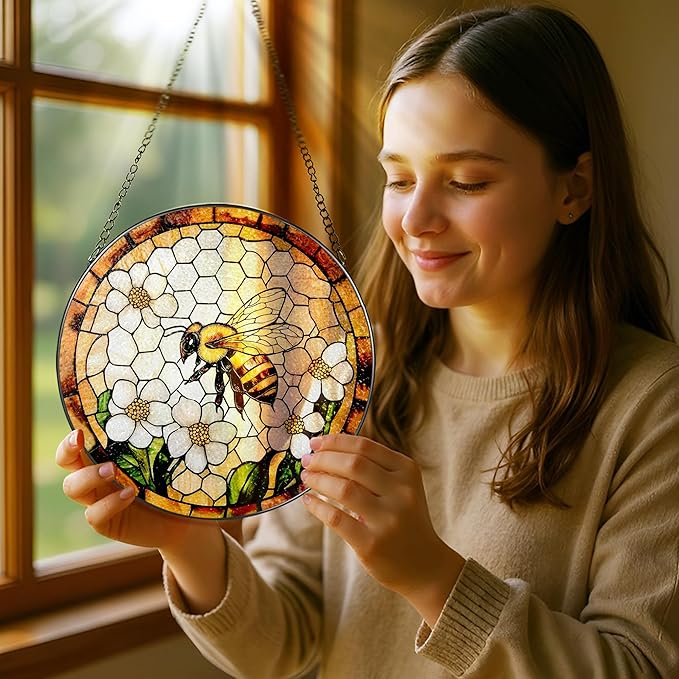 Bee Wildflowers Stained Glass Suncatcher, Stained Glass Window Hanging, 8 Inch Honey Bee Suncatcher, Honeybee Gifts for Garden Lovers, Gifts for Mother's Day, Teacher Gift, Grandma Gift