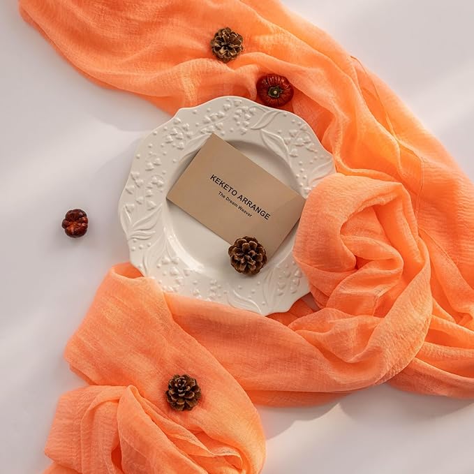 Keketoarrange Fresh Salmon Cheesecloth Table Runner Valentines Decor Peach Echo Gauze 120 Inch 10 FT Boho Table Runner for Wedding Baby Shower Bridal Shower Party Sheer Spring Home Decorations