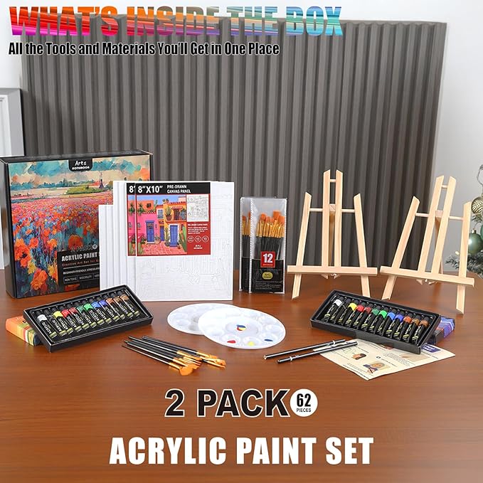 4 Pack Painting Set for Adults or Family Groups, 124 PCS Paint Sets with 4 Table Easels,48 Acrylic Paints,12 Pre-Drawn & Blank Canvases for Painting,48 Brushes,4 Pencils,4 Palettes and Painting Guides