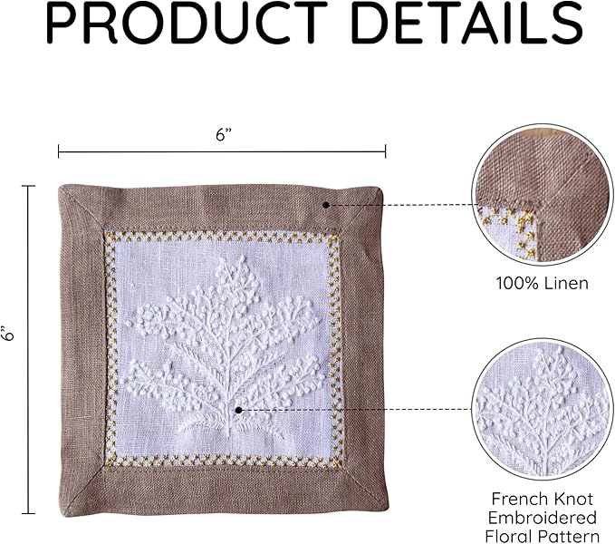 Cocktail Napkins Set of 6, 6x6 inch, 100% Linen, French Knot Hand Embroidered Floral Pattern, Reusable & Washable Napkin Coasters for Drinks, Parties, Weddings (Taupe)