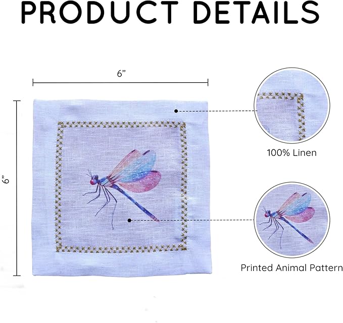 Cocktail Napkins Set of 6, 6x6 inch, 100% Linen, Printed Animal Pattern, Reusable & Washable Cloth Coasters for Beverages, Hosting, Gifting & Everyday Use (Dragonfly)