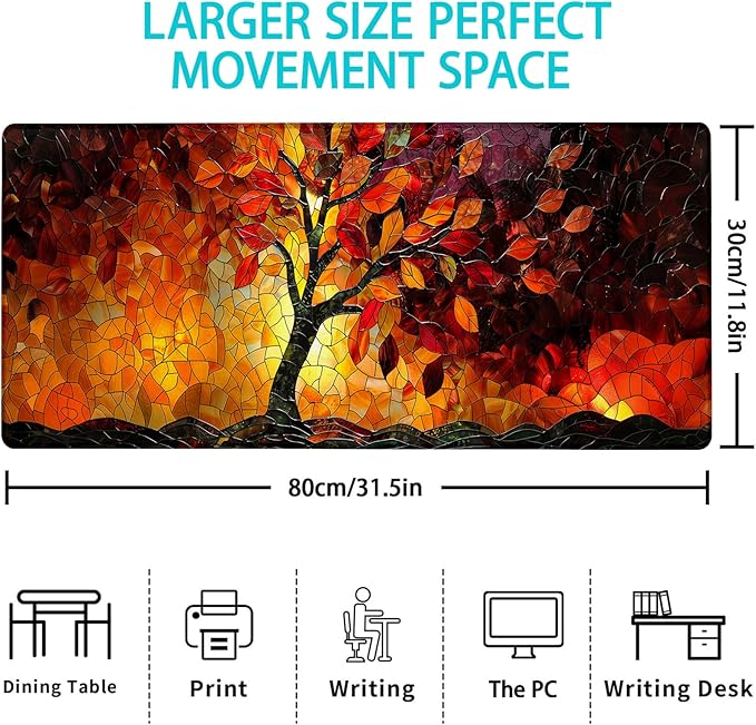 Stained Glass Autumn Tree Gaming Mouse Pad, Mouse Pad, Desk Mat, Non-Slip Rubber Base MousePads for Computers Laptop Office School Home Accessories Decor Gifts 31.5" x 11.8"
