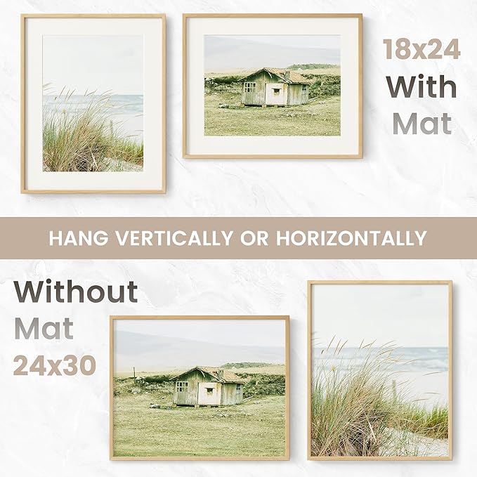 24x30 Poster Frame, USA-Sourced Natural Beech Wood Picture Collage Frame with HD Tempered Glass, Modern Simple 24 x 30 Wooden Photo Frame Matted to 18x24, Vertical & Horizontal Wall Hanging Display