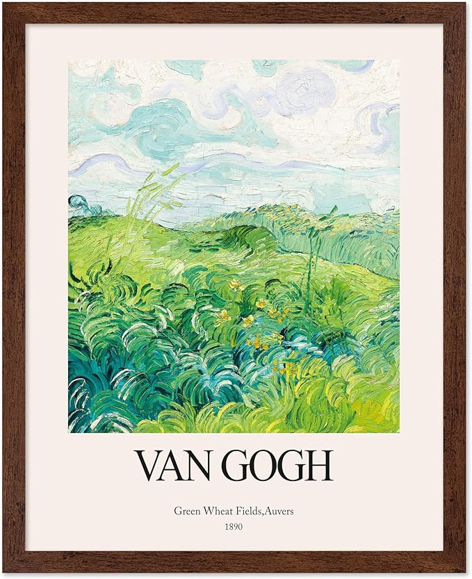 Monem Art Vintage Van Gogh Poster - Retro Impressionist Print - Green Wheat Fields, Auvers, Sky, Leaves, Landscape - Gift for Artist, Friend - Wall Decor for Home, Office, 8x10 Brown Framed
