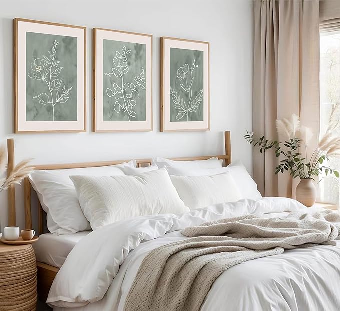 3Pcs Sage Green Botanical Wall Art Line Drawing Floral Canvas Poster Prints Modern Abstract Minimalist Picture Neutral Boho Artwork Simple Painting Wall Decor for Living Room Bedroom 16x24in Unframed