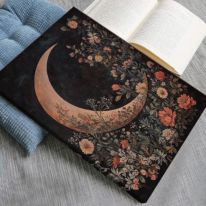 Crescent Moon Floral Canvas Poster Modern Trendy Lunar Wall Art Vintage Dark Celestial Painting Prints Whimsical Botanical Aesthetic Home Decor for Bedroom Living Room 24x36inch Framed