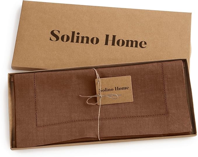 Solino Home Linen Brown Table Runner 90 Inches Long - 100% Pure Linen Hemstitch 14 x 90 Inch Table Runner for Dining - Classic Hemstitch