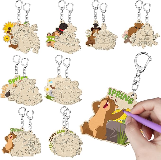 16 Pcs Groundhog Craft Kits Unfinished Crafts Color Your Own Wooden Keychains Happy Groundhog Day Gifts Make Your Own Keychain Animals Themed Party Favors for Birthday Classroom Home DIY Craft