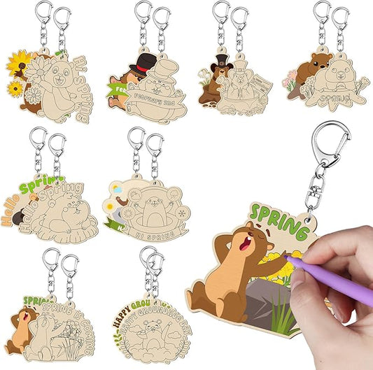 16 Pcs Groundhog Craft Kits Unfinished Crafts Color Your Own Wooden Keychains Happy Groundhog Day Gifts Make Your Own Keychain Animals Themed Party Favors for Birthday Classroom Home DIY Craft