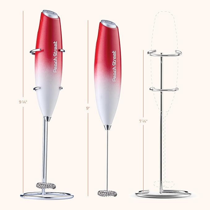Powerful Handheld Milk Frother, Mini Milk Foamer, Battery Operated (Not included) Stainless Steel Drink Mixer with Stand for Coffee, Lattes, Cappuccino, Frappe, Matcha, and Hot Chocolate. (Red/White)