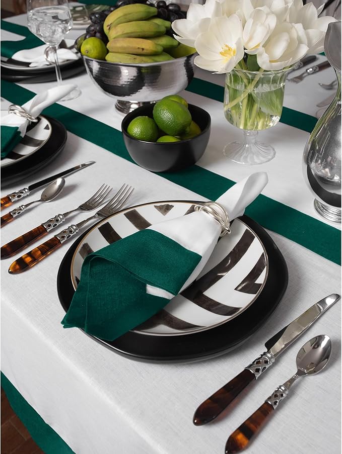 Solino Home Linen Table Runner 120 Inches Long - Rainforest and White 100% Pure Linen 14 x 120 Inch Table Runner for Dining, St Patricks Day, Winter - Contempo