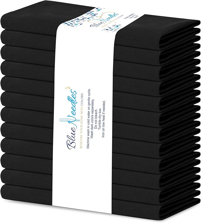 Blue Needles Solid Cloth Napkins Set of 12 Black 100% Cotton Dinner Napkins 18x18 inches - Soft, Reusable, Absorbent & Washable Linen, Ideal for Christmas Events, Parties & Everyday Use