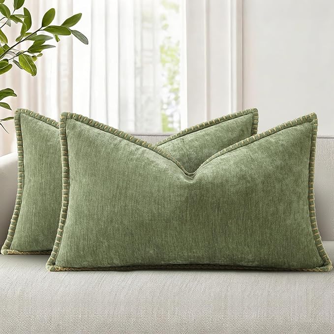 decorUhome Spring Chenille Soft Throw Pillow Covers 12x20 Set of 2, Lumbar Velvet Farmhouse Neutral Decorative Pillow Covers with Stitched Edge for Couch Sofa Bed Home Decor, Olive Green