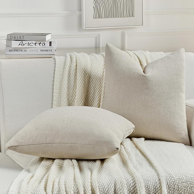 FUTEI Beige Chenille Decorative Throw Pillow Covers 18x18 Inch Set of 2,Soft Cozy Faux Linen Textured Cushion Case,Farmhouse Home Decor for Couch Living Room