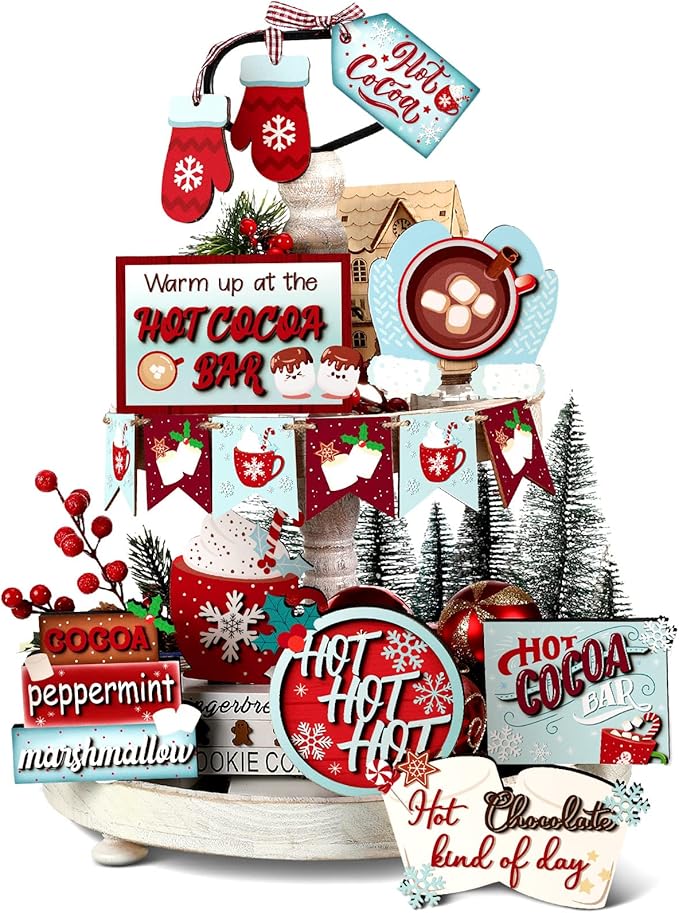 Kajaia 15 Pcs Christmas Tiered Tray Decor Winter Tiered Tray Decorations Set Snowman Snowflake Gingerbread Man Hot Cocoa Wooden Signs Farmhouse Christmas Table Decorations(Hot Cocoa)