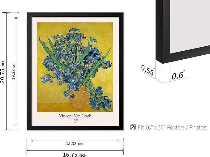 Monem Art Vintage Van Gogh Poster - Retro Irises Print - Flowers in Vase Art - Impressionism Art - Floral Art - Fine Art - Classic Painting Art - Living Room Wall Decor - 16x20 Black Framed
