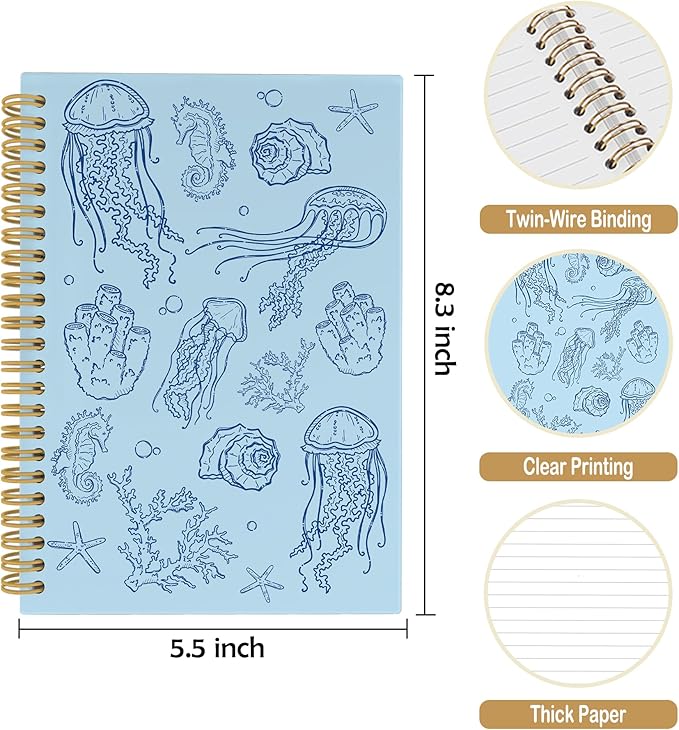 Blue Jellyfish Journal Notebook - Ocean Sea Life Coastal Themed Aesthetic Notebooks College Ruled for Office School Classroom, Gifts for Women Girls Kids, Hardcover Spiral Notebook 5.5"x8.3"