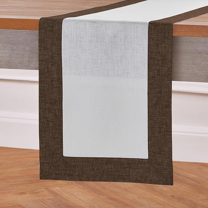 Solino Home Linen Table Runner 108 Inches Long - Chambray Brown and White 100% Pure Linen 14 x 108 Inch Table Runner for Dining - Contempo