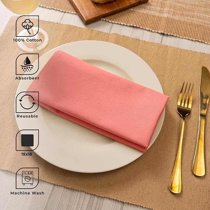 Blue Needles Solid Cloth Napkins Set of 12 Salmon 100% Cotton Dinner Napkins 18x18 inches - Soft, Reusable, Absorbent & Washable Linen, Ideal for Christmas Events, Parties & Everyday Use