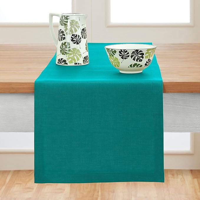 Solino Home Linen Teal Table Runner 120 Inches Long - 100% Pure Linen 14 x 120 Inch Table Runner for Dining - Fete, Handcrafted and Machine Washable