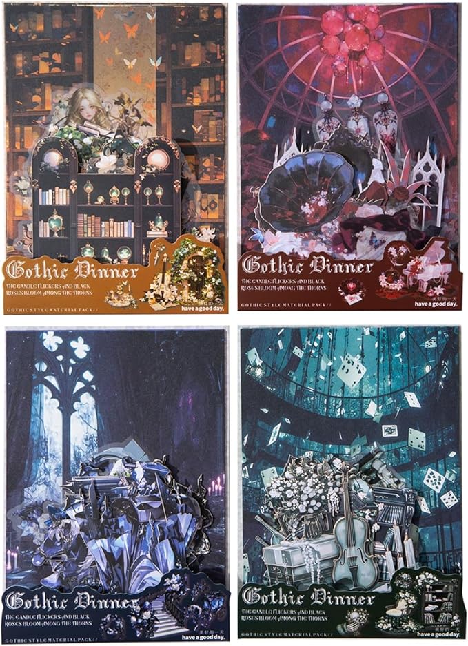 120 Pieces Gothic Dark Horror Landscape Creation Sticker and Scrapbook Paper Kit, 4 Pack Dark Aesthetic Designs Stickers for Scrapbooking, Journaling, Waterproof DIY Crafts and Junk Journal