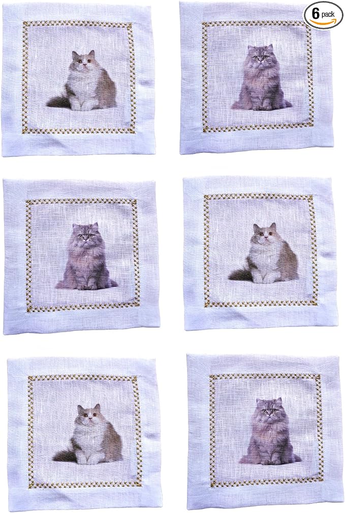 Cocktail Napkins Set of 6, 6x6 inch, 100% Linen, Printed Animal Pattern, Reusable & Washable Cloth Coasters for Beverages, Hosting, Gifting & Everyday Use (Cat Meme)