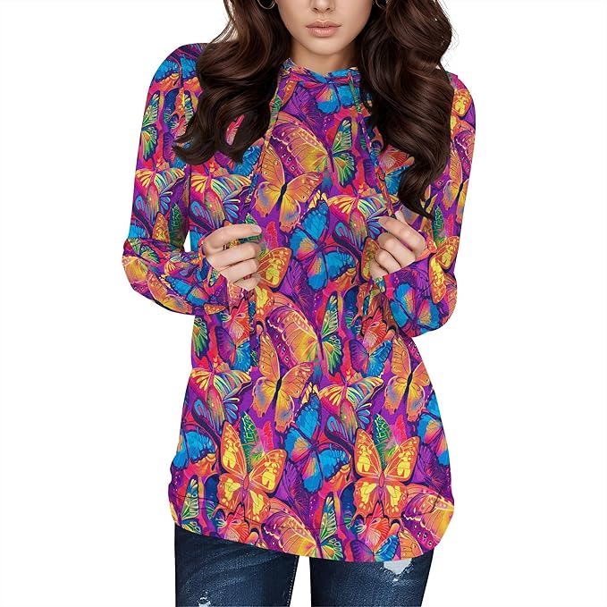 Hooded Sweatshirt Women Fall Butterfly Sweatshirts Lightweight Long Sleeve Pullover Tops Trendy Outfits Plus Size