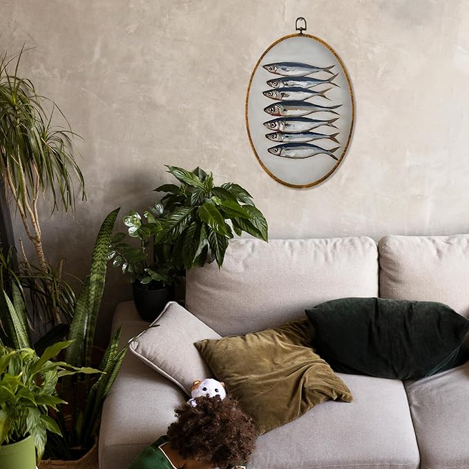 Hiuwevt Vintage Sardine Fish Oval Wall Art Decor, Coastal Beach Framed Canvas Prints, Moody Sardine Fish Oval Wall Hanging Decor for Kitchen Dining Room Beach House Decorations, 8.6x11.4 Inches