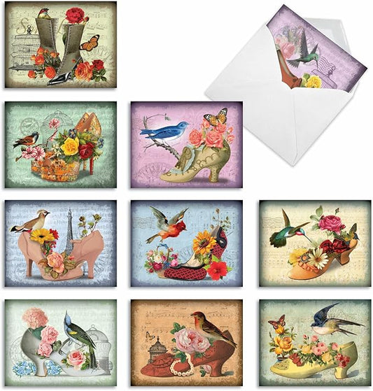 The Best Card Company - 10 Blank Note Cards for Women (4 x 5.12 Inch) - Assorted Fashion Greeting Cards for All Occasions - Fancy Footwork M2347OCB