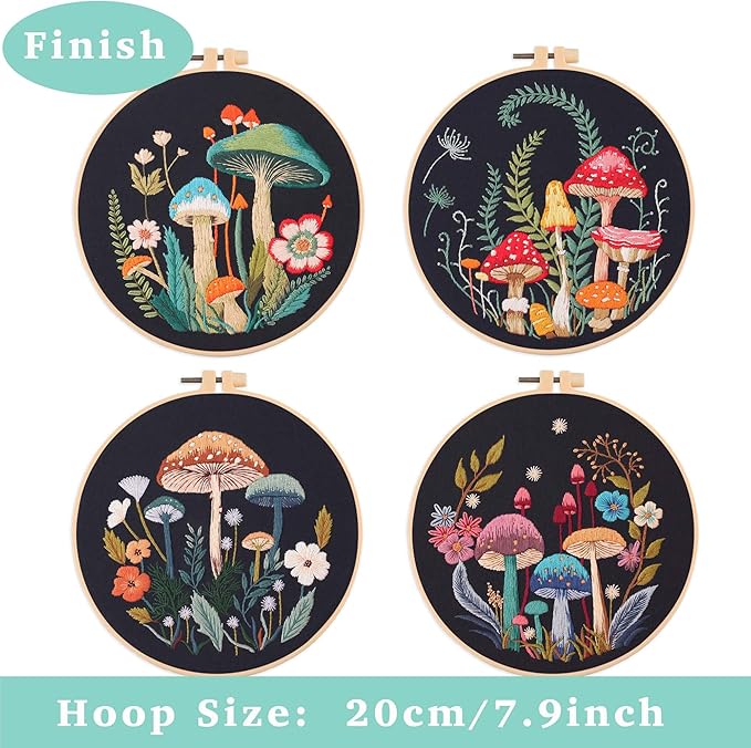 REEWISLY 4pcs of Embroidery Starter kit with Patterns and Instructions, DIY Adult Beginner Cross Stitch Kits, Including 2 Plastic Embroidery Rings, 1 Pair of Scissors, Colored Threads and Needles