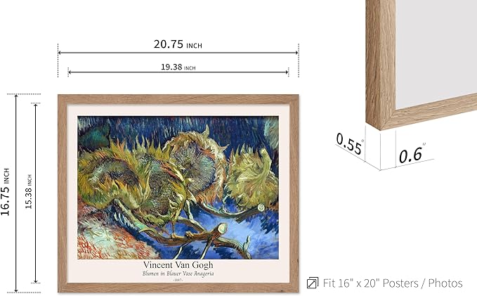 Monem Art Vintage Van Gogh Poster - Retro Blumen in Blauer Vase Anagoria Print - Sunflower Art - Impressionism Art - Fine Art - Classic Painting Art - Bedroom Wall Decor - 16x20 Beige Framed
