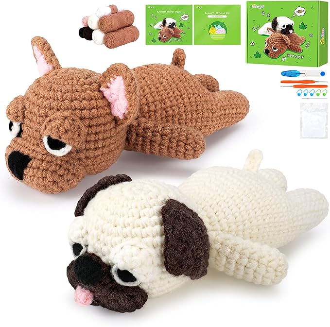 Crochet Kit for Beginners- 2 PCS Pug and French Bulldog Crochet Kits for Adults, 2PCS Sleeping Dog Crochet Kit with Step-by-Step Video Tutorials,Crochet Hook, Instructions DIY Knitting Kit