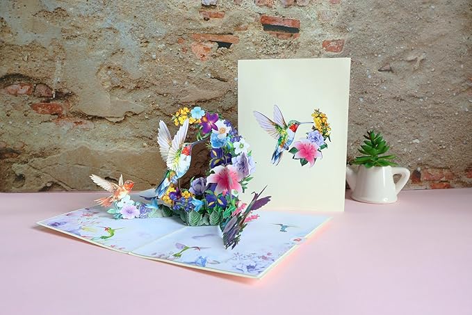 Hummingbird Pop Up Card – Handmade 3D Flower Birthday Card for Mom or Women – Encouragement or Thinking of You Greeting Card